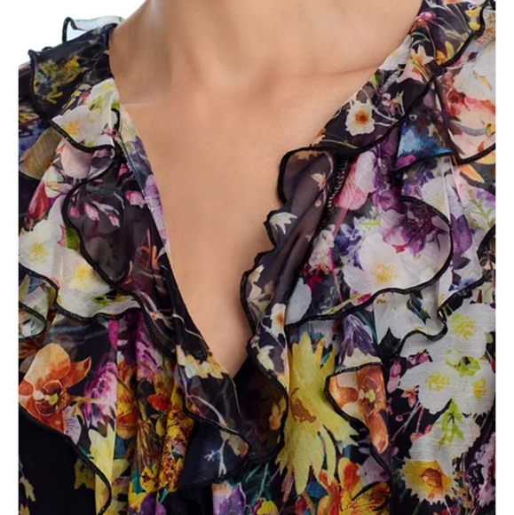 492-Aqua Multicolor Floral Ruffle‎ Blouse - Picture 7 of 7